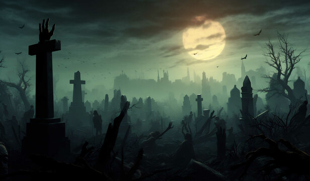 Dark cemetery in nightmare, AI generative , fear, foggy