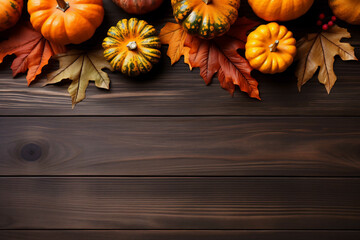 Wooden pumpkin background, thanksgiving, maple, halloween ai generative