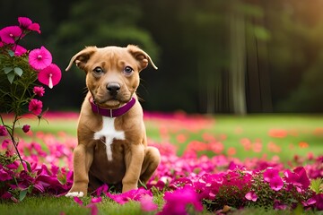 staffordshire bull terrier puppy posing on grass with pink petunia flowers