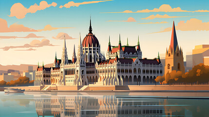 Fototapeta premium Parliament building in Budapest. City illustration in typographic and cartoon style.