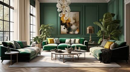 2024 trendy living room with peri and green colors, highlighted by a bright accent sofa and cozy armchairs. Luxurious furniture and design. 3D visualization.