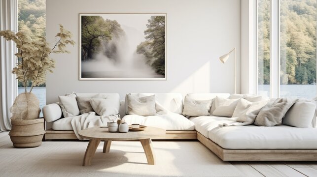 Scandinavian interior design featuring a white living room with a sofa and a a summer landscape through the window.