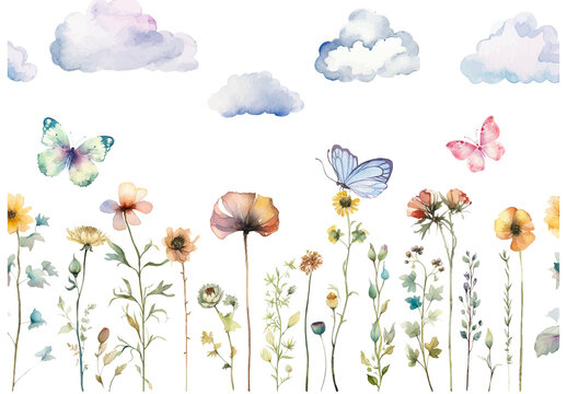 Vector watercolor painted meadow flowers. Horizontal seamless pattern isolated on white background