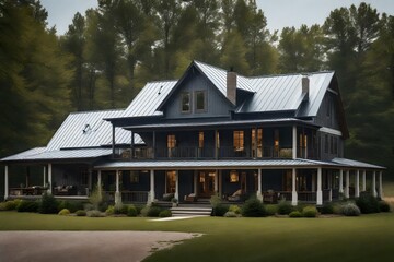 Modern farmhouse with a metal roof and a large front porch - AI Generative - obrazy, fototapety, plakaty
