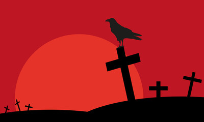 Black silhouettes of crosses against the red sky. Raven sits on the cross. Background with cemetery silhouette and spooky red moon on the night. Cemetery elements.
