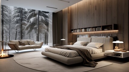 The interior design showcases a chic room with a spacious and cozy bed.