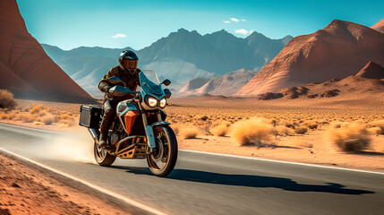 motorcyclist speeding down the road in the desert	
