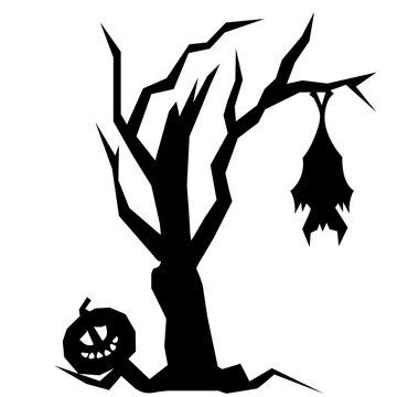 Ebony tree silhouette with pumpkin and bat
