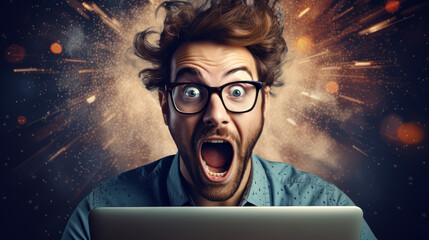 Excited man using laptop, joyful surprised expression after receiving good shocking news - obrazy, fototapety, plakaty
