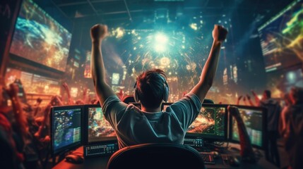 Professional eSports gamer rejoices celebration in the victory game room background. beautiful Generative AI AIG32 - obrazy, fototapety, plakaty
