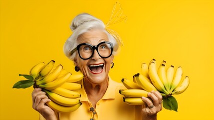 Funny concept of a person with bananas. Healthy vegan eating background