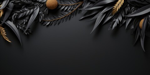 A black and gold christmas background with pine cones and leaves. Imaginary photorealistic image.