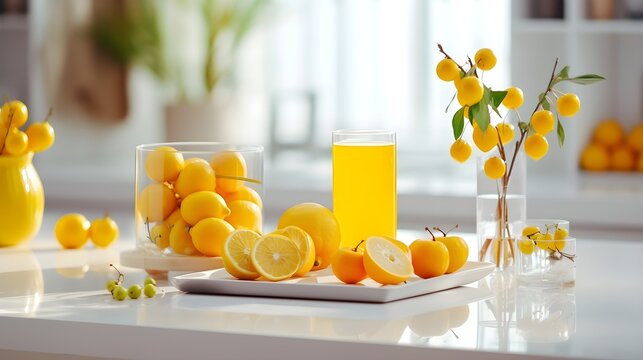 Yellow fruits and vegetables in a glass. Minimal background.