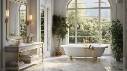 a classical bathroom with white marble floor and wall tiles in a brick pattern. Golden objects adorn the room, which boasts large windows overlooking a terrace and nature.