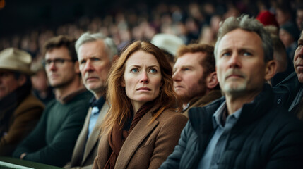 Obraz premium Camera focuses closely on the audience at a horse race. Expressions of anxious people at a horse racing competition. Spectator with adrenaline and excitement at the outcome of the competition.