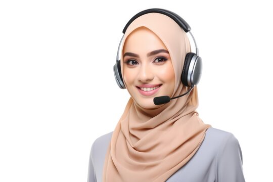 A muslim woman in jijab is wearing a headset. Call center operator. Imaginary photorealistic image.
