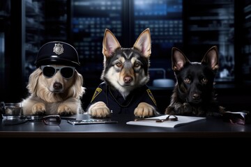 Three dogs as cops sitting at a desk in cop hats. Imaginary photorealistic image.