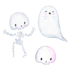 Set of illustrations: Cute dancing little skeleton, funny smiling ghost, cute halloween skull. Watercolor illustrations on a transparent background