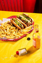 American  buns with torn meat, vegetable and pomme frites in the fast food restaurant - 646951932