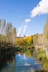 Guadalajara-Spain;11 th October 2021: Nuclear power plant behind a river, in a town in Guadalajara, Spain