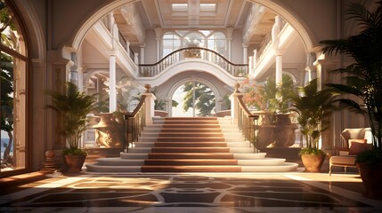 Fototapeta na wymiar Luxury hotel lobby with stairs and plants, panoramic banner
