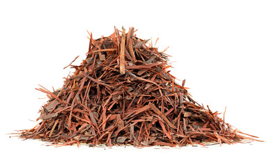 Pile of dry Lapacho tea isolated on a white background. Herbal tea. Taheeboo.