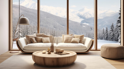 Modern Scandinavian minimalist living room design set against a panoramic floor-to-ceiling window showcasing a winter mountain view