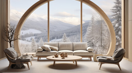 Obraz na płótnie Canvas Modern Scandinavian minimalist living room design set against a panoramic floor-to-ceiling window showcasing a winter mountain view