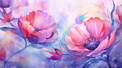Magic Wallpaper, A bright background. Illustration in watercolor. Design components for textiles, cards, and  abstract image, Web header or banner with springtime flowers, Lovely nature
