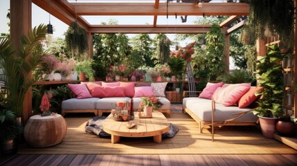 Patio is decorated with large wooden seating and plants. Generative AI