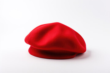 Red color beret or french bonnet isolated on white background - obrazy, fototapety, plakaty