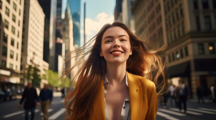 Beautiful business woman crossing street in New York. Generative AI