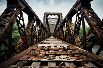 Foto op Aluminium Cable-Stayed Bridge. old rusty aged railroad bridge over a river. © ana