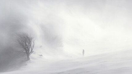 Man standing in blizzard. Lots of snow, severe weather and hard conditions. - obrazy, fototapety, plakaty