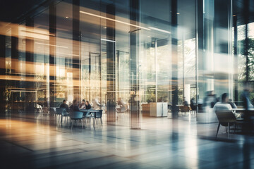Business, interior concept. Blurred image of business office building interior. Sunlight beams effect. Background with copy space. Generative AI - obrazy, fototapety, plakaty
