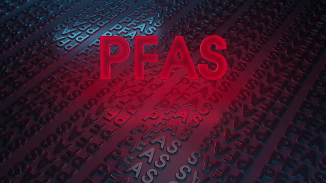 Red PFAS letters in ablue dark background 3D render video

Per- and polyfluoroalkyl substances