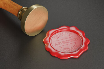 Approved quality control wax seal and a sealing wax wooden stamper. 3d illustration. - obrazy, fototapety, plakaty