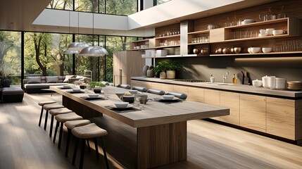 Modern minimalist kitchen , close up shot, beige cabinets floor to ceiling, combined with walnut wood open cabinets with led lights, floating ceiling.
