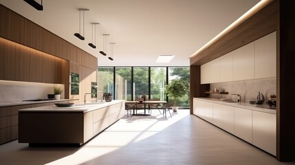 Modern minimalist kitchen , close up shot, beige cabinets floor to ceiling, combined with walnut wood open cabinets with led lights, floating ceiling.