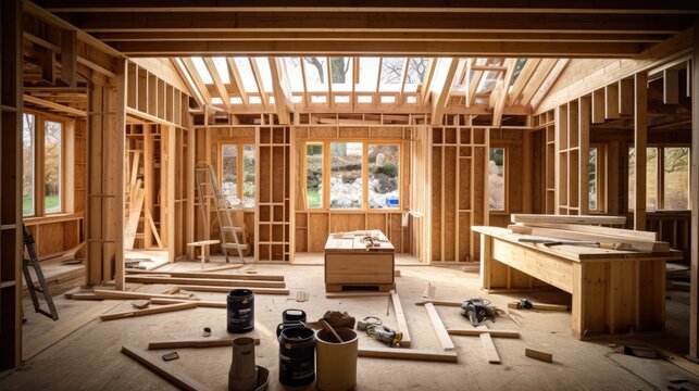 Interior of a British wooden house being built