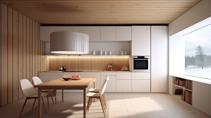 Modern minimalist kitchen , close up shot, beige cabinets floor to ceiling, combined with walnut wood open cabinets with led lights, floating ceiling. Natural light.