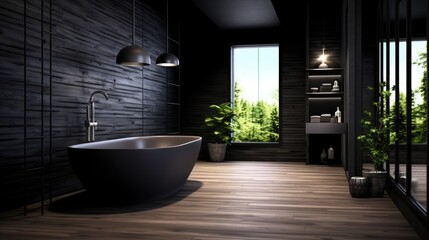 A design bathroom, with a wood floor, black wall, italian shower.