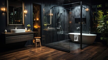 A design bathroom, with a wood floor, black wall, italian shower.