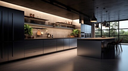 Modern minimalist kitchen , close up shot, beige cabinets floor to ceiling, combined with walnut wood open cabinets with led lights, floating ceiling. Natural light.
