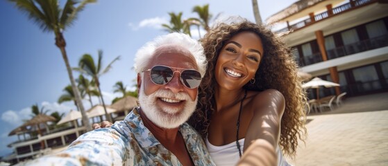 Happy Old wealthy rich man posing with his gorgeous Caribbean mulate young girlfriend at a luxurious tropical resort taking a selfie looking at the camera - obrazy, fototapety, plakaty
