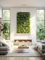 Living wall in a cozy home living room, wall - mounted TV integrated, Scandinavian furniture, natural light through large windows