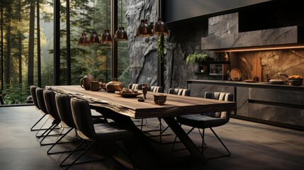 Modern minimalist kitchen, close up view, luxurious interior of black minimalist kitchen with wooden table, show chairs, top in focus.