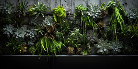 Vertical garden, succulents and air plants, modern concrete wall, photorealistic, overcast lighting for muted shadows