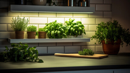 Living wall with herbs like basil, mint, and rosemary, in a kitchen setting, white subway tiles, soft ambient light