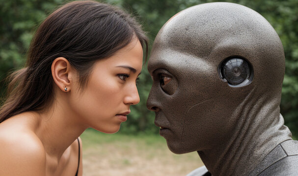 side yoiew of young woman and alien with granite like skin armor looking at each other, generative AI